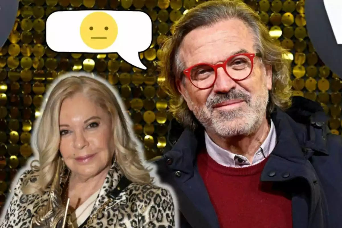 Bárbara Rey y Pepe Navarro posan frente a un fondo dorado con una burbuja de diálogo que contiene un emoji neutral.