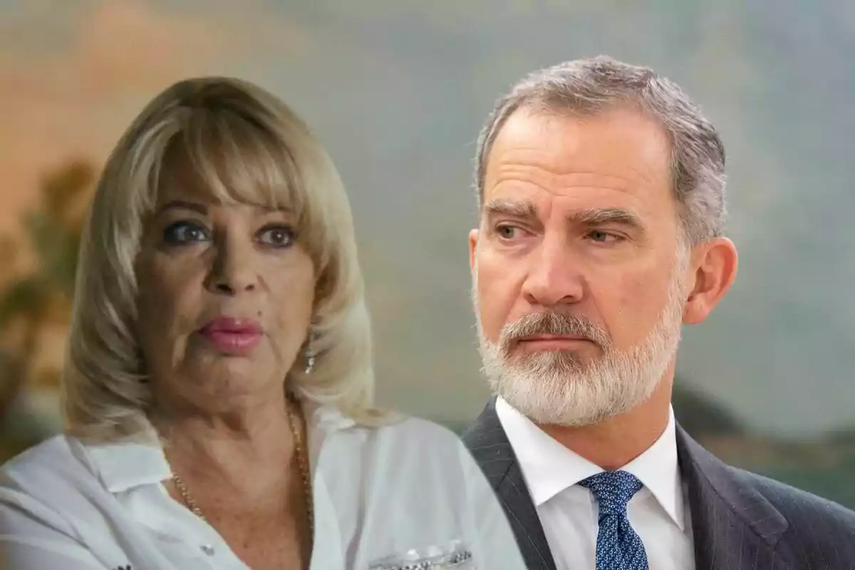 Bárbara Rey con una blusa blanca y Felipe VI con barba y traje miran en direcciones opuestas.