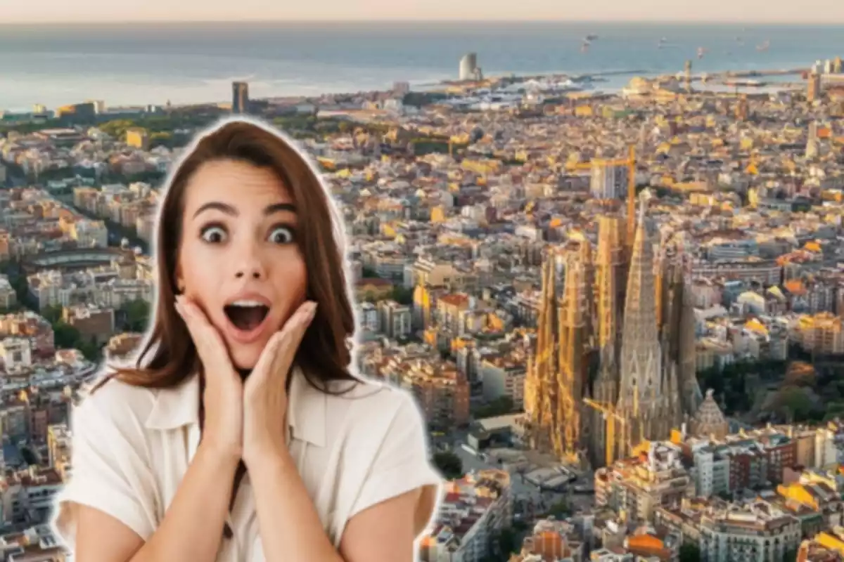 Montaje de Barcelona y una mujer sorpendida