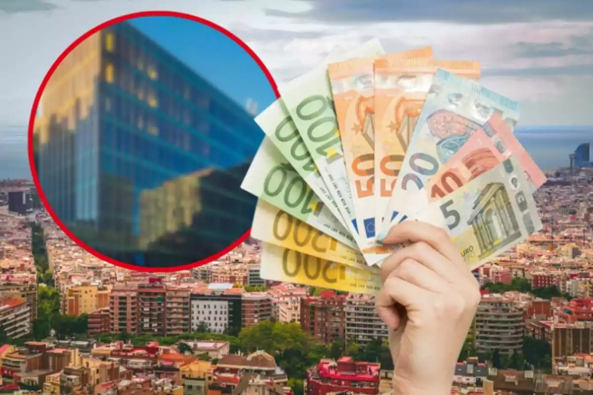 Montaje de Barcelona, con dinero y un edificio