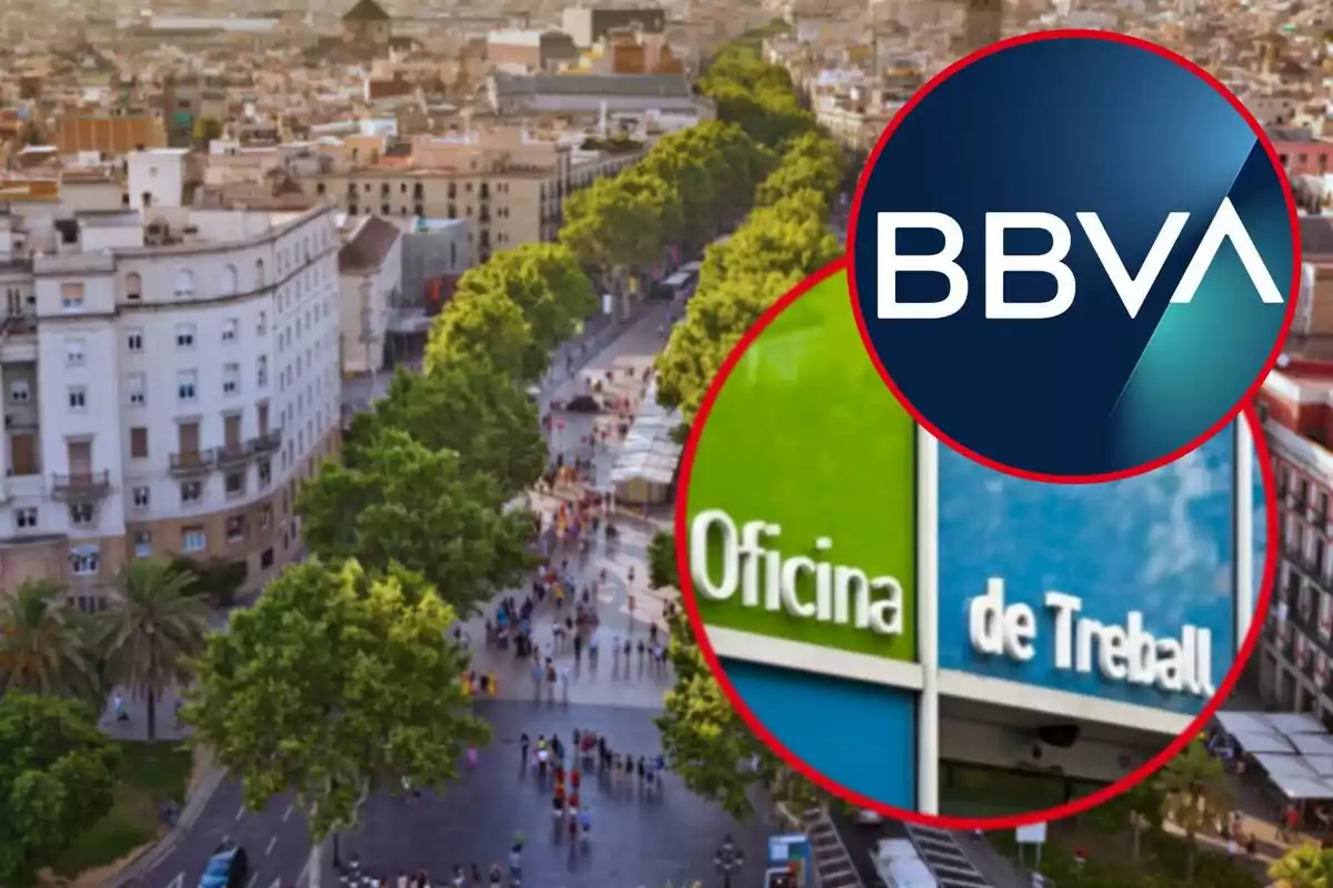 Imagen de una ciudad con un logotipo de BBVA y una señal de "Oficina de Treball" superpuestos.