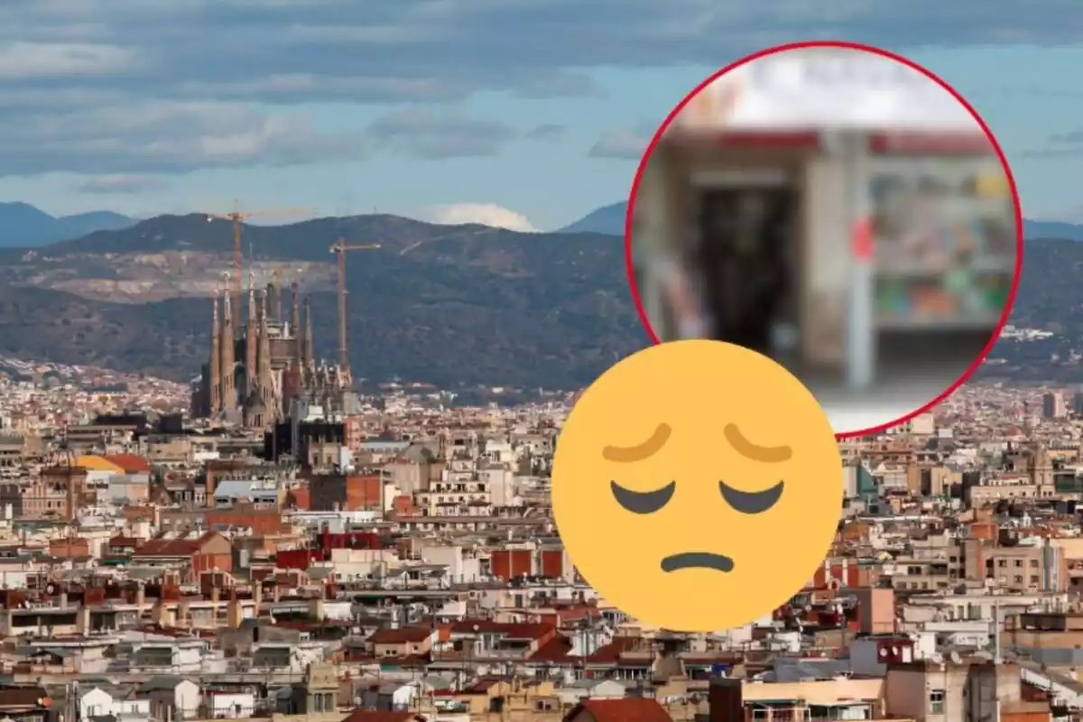 Montaje de un plano general de la ciudad de Barcelona, la Papelería Navarro desenfocada y un emoji triste