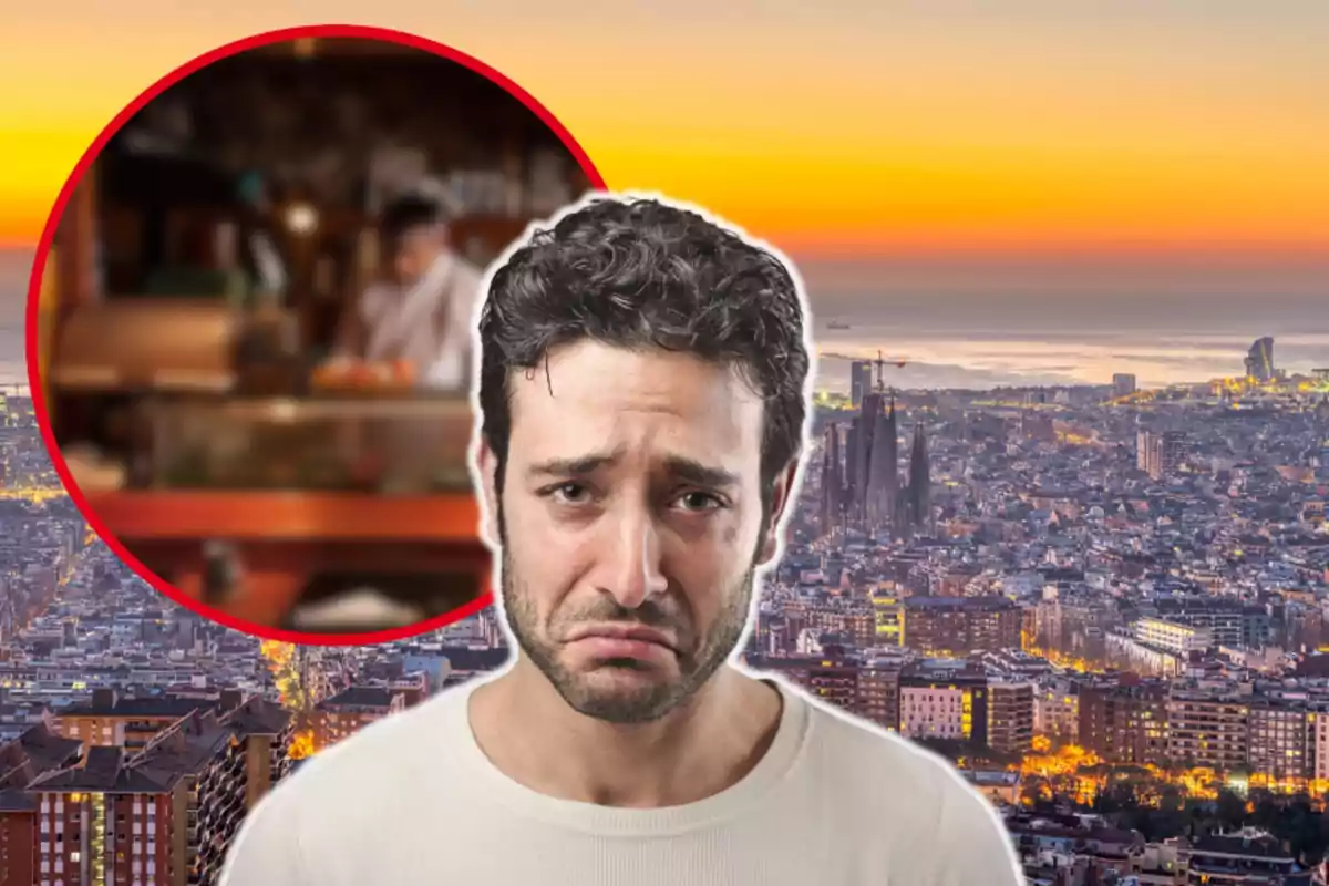 Montaje con la ciudad de Barcelona de fondo, un círculo con una imagen borrosa del restaurante japonés Tokyo Sushi y un hombre con cara triste