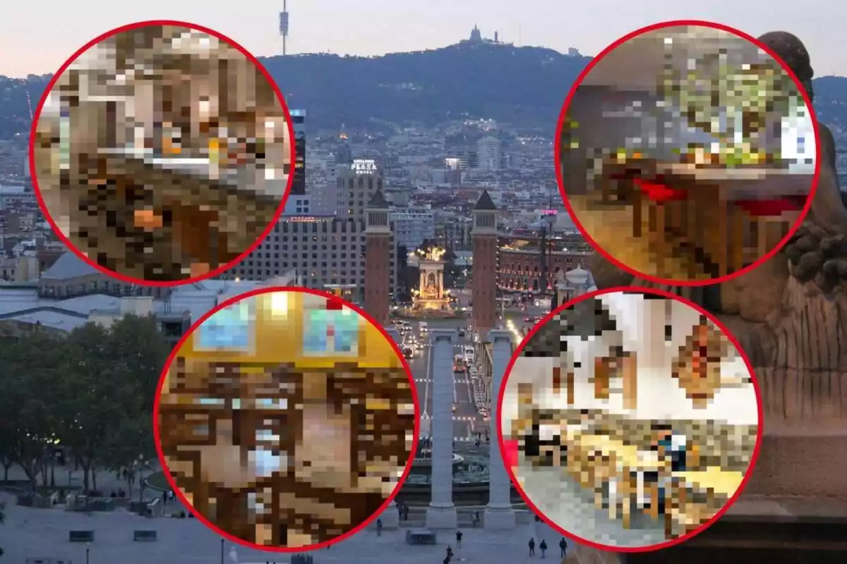 Montaje con una imagen de Barcelona de noche y los restaurantes König, Vapiano, Chen Ji y Joopo pixelados