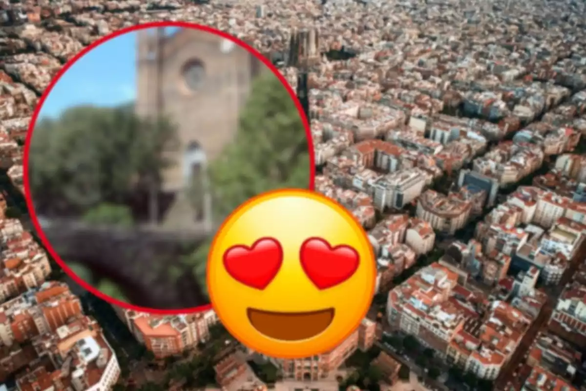 Montaje de Barcelona con Sant Joan de les Fonts y un emoticono de corazones