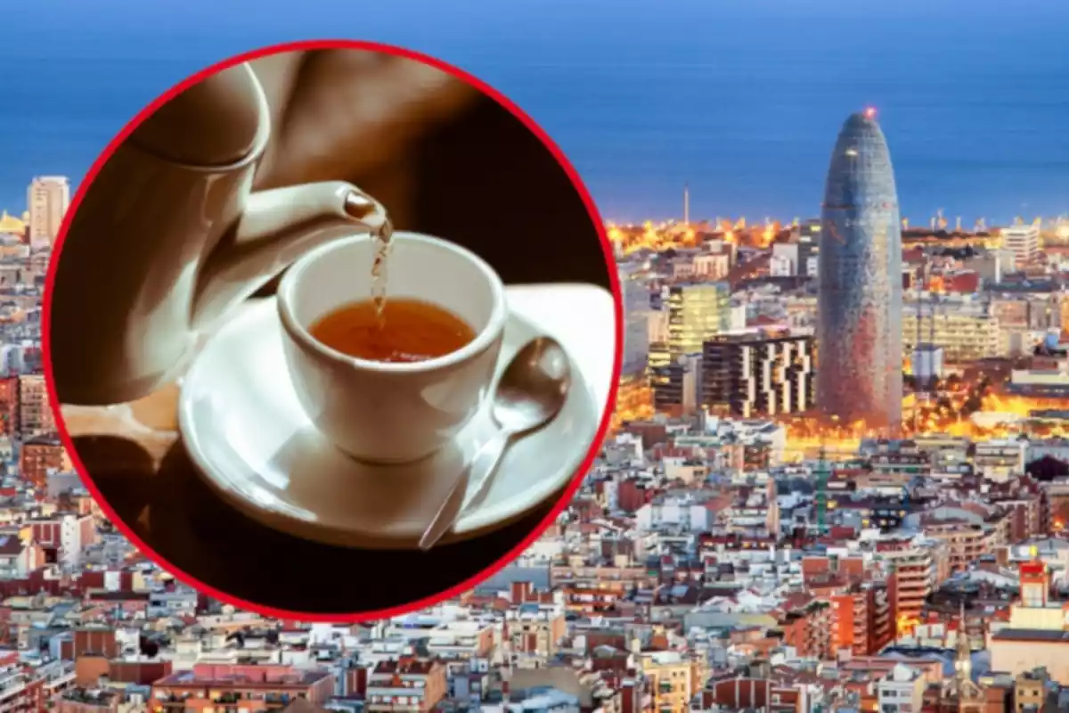 Montaje de Barcelona y una tetera sirviendo una taza