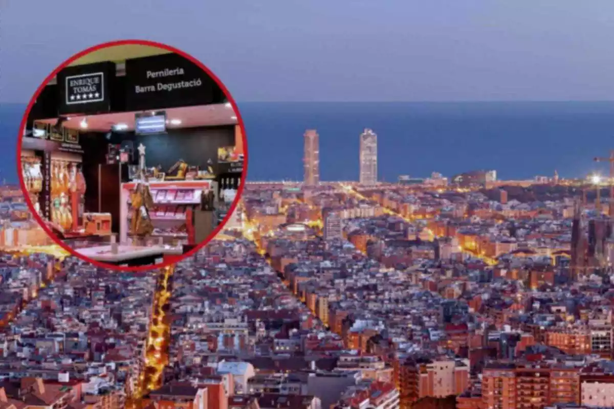 Montaje con la ciudad de Barcelona con las luces encendidas y una tienda de Enrique Tomás