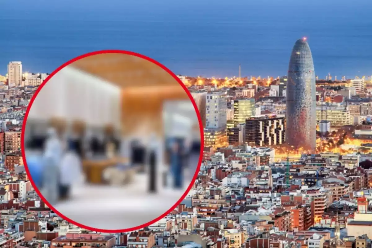 Montaje de Barcelona y una tienda de Mango desenfocada