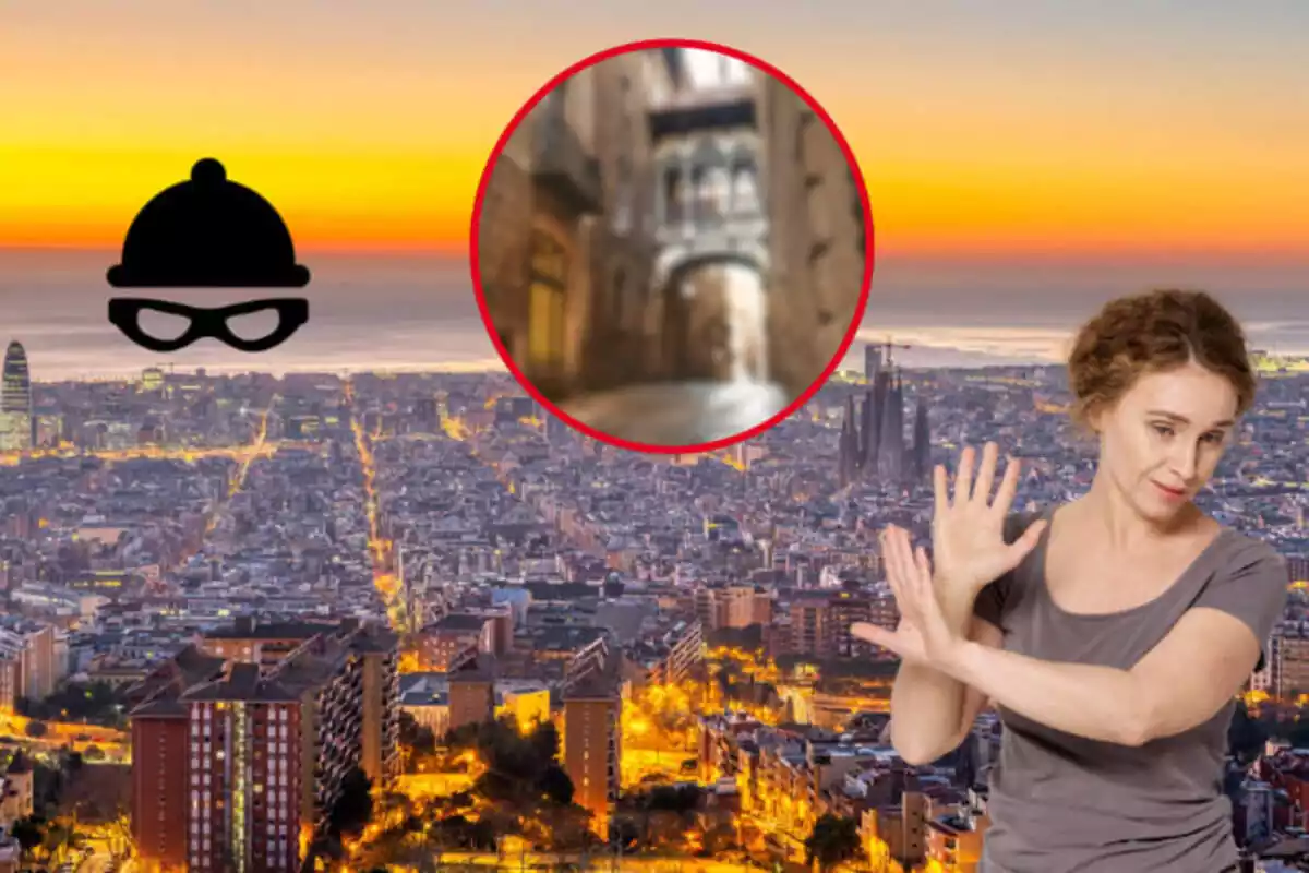 Montaje de mujer con miedo evitando barrio peligroso de Barcelona