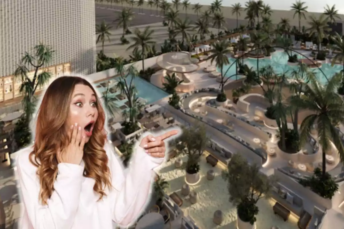Montaje de una simulación del Bastian Beach de Barcelona y una chica sorprendida señalando con un jersey blanco