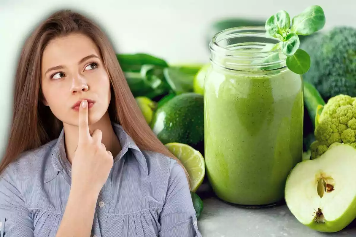 Montaje con un batido verde rodeado de frutas y verduras del mismo color y una mujer con cara de estar pensando