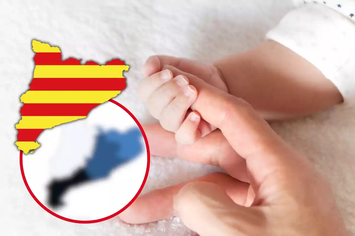 Montaje de la mano de un bebé cogiendo un dedo de un adulto, con el mapa de Cataluña