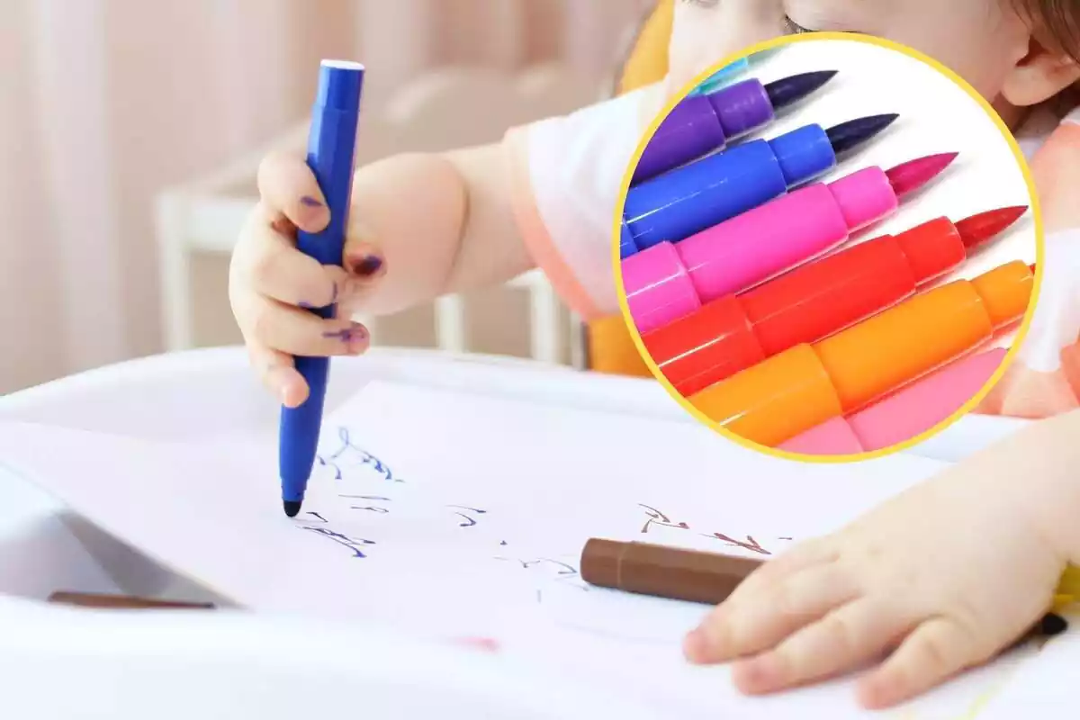 Montaje con un niño pequeño pintando con rotuladores y un círculo con varios rotuladores de colores Montaje con un niño pequeño pintando con rotuladores y un círculo con varios rotuladores de colores