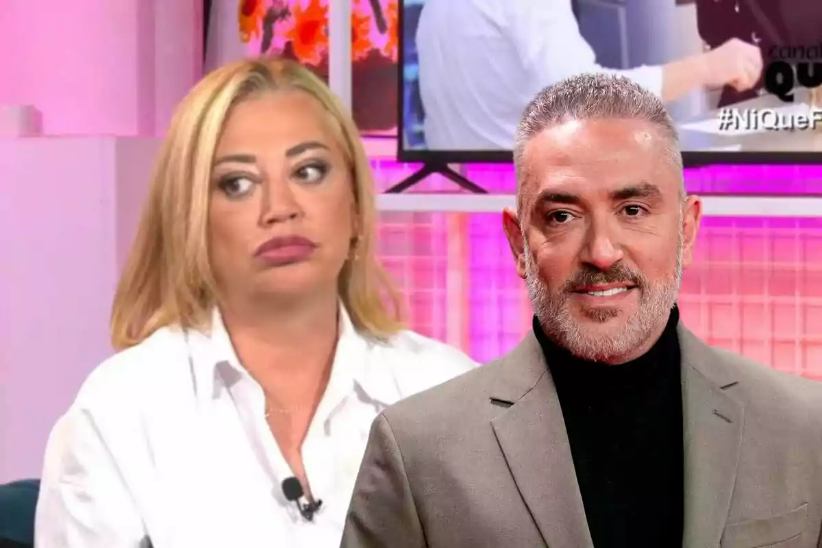 Belén Esteban y Kiko Hernández en un set de televisión con fondo rosa y pantalla de fondo.