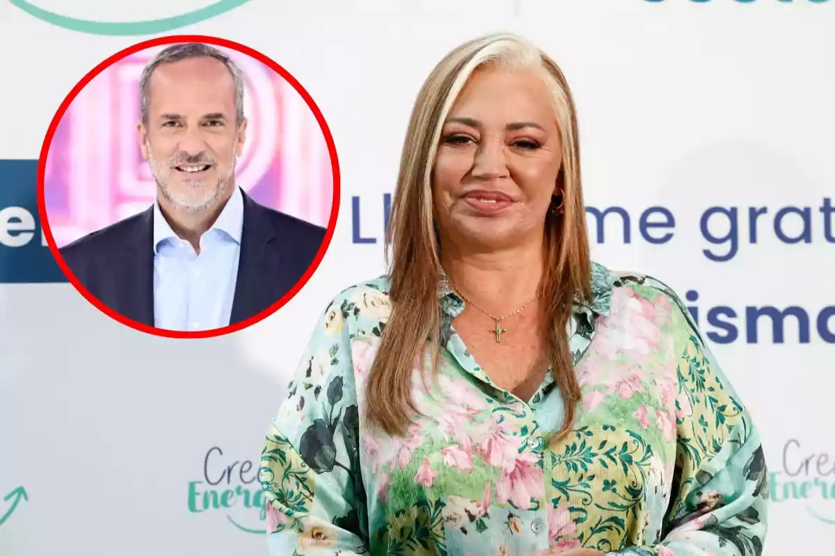 Belén Esteban con una blusa floral está de pie frente a un fondo blanco con texto, y en la esquina superior izquierda hay un círculo rojo con la imagen de Santi Acosta sonriente con barba y traje.