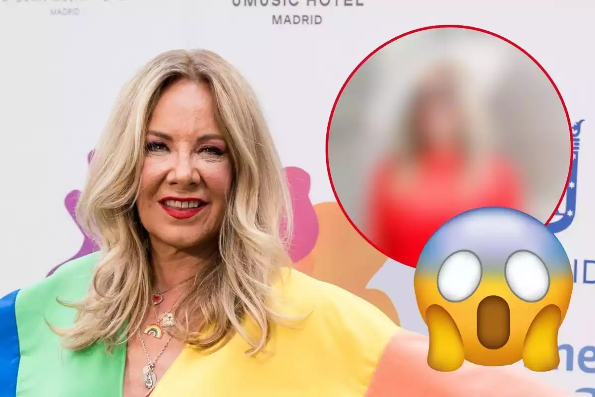 Montaje de Belén Rodríguez sonriendo con los labios rojos, ella con un vestido rojo desenfocado y un emoji de sorpresa