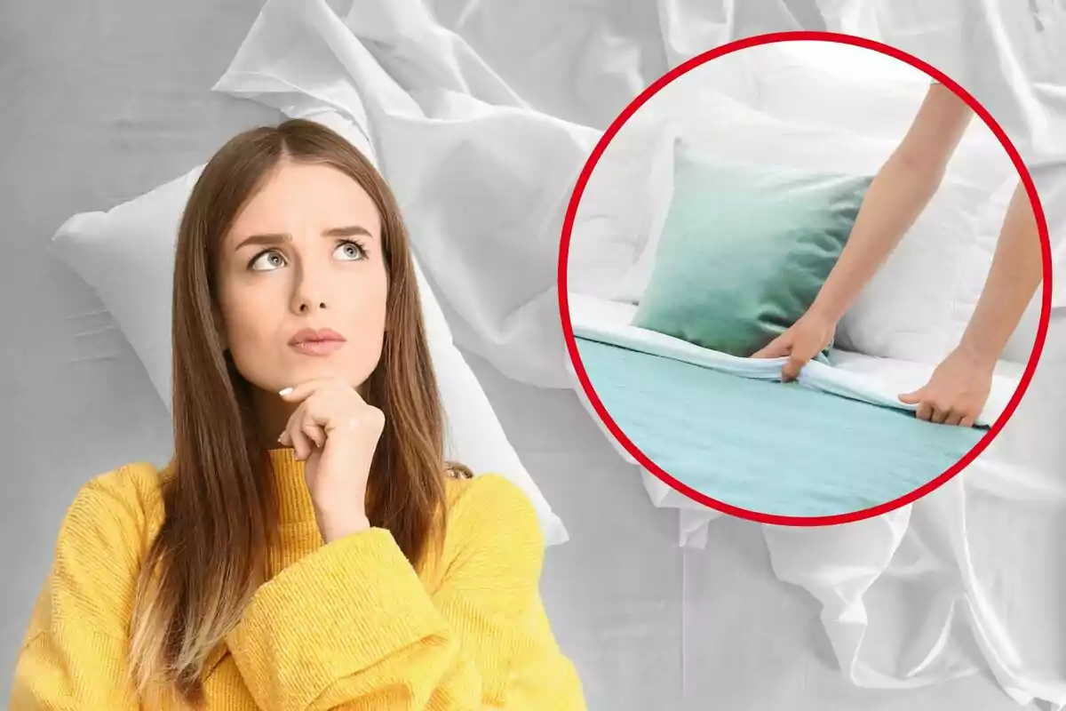 Mujer pensativa con suéter amarillo sobre una cama blanca, con un círculo que muestra manos arreglando una cama con almohada verde.