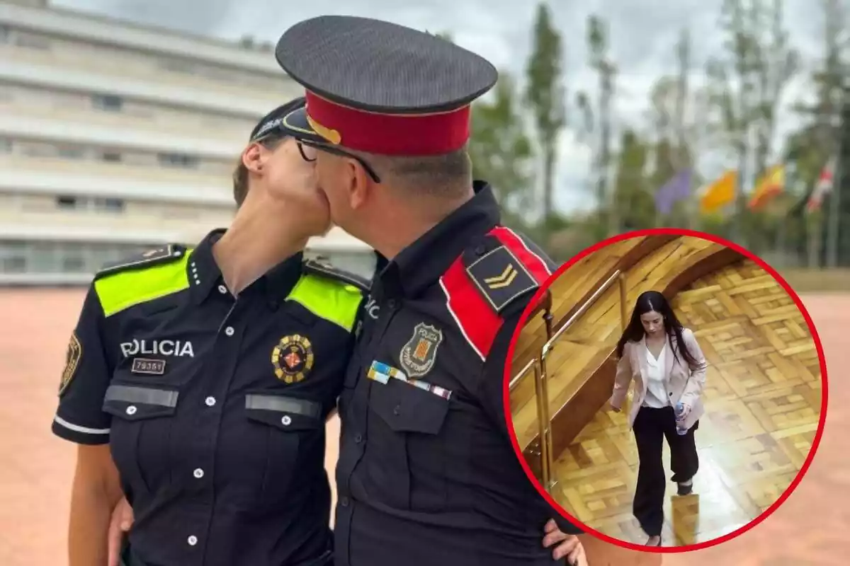 Montaje de una foto de un mosso d'Esquadra y una Policia dandose un beso, junto a Rosa Peral