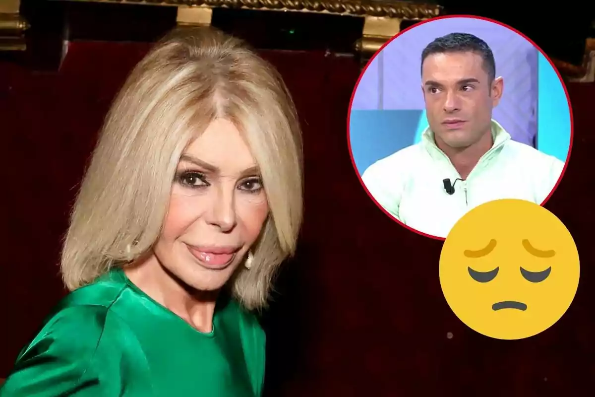 Bibiana Fernández con un vestido verde mira a la cámara, mientras en la esquina superior derecha hay un círculo con la imagen de Antonio Rossi y un emoji triste.