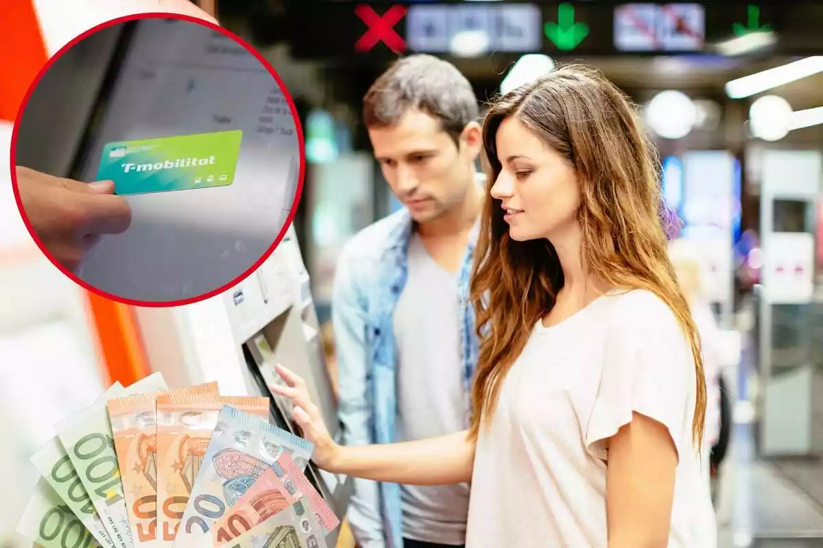 Montaje de jovenes comprando billete de metro en máquina expendedora de Barcelona, billetes de euro y círculo con tarjeta T-mobilitat