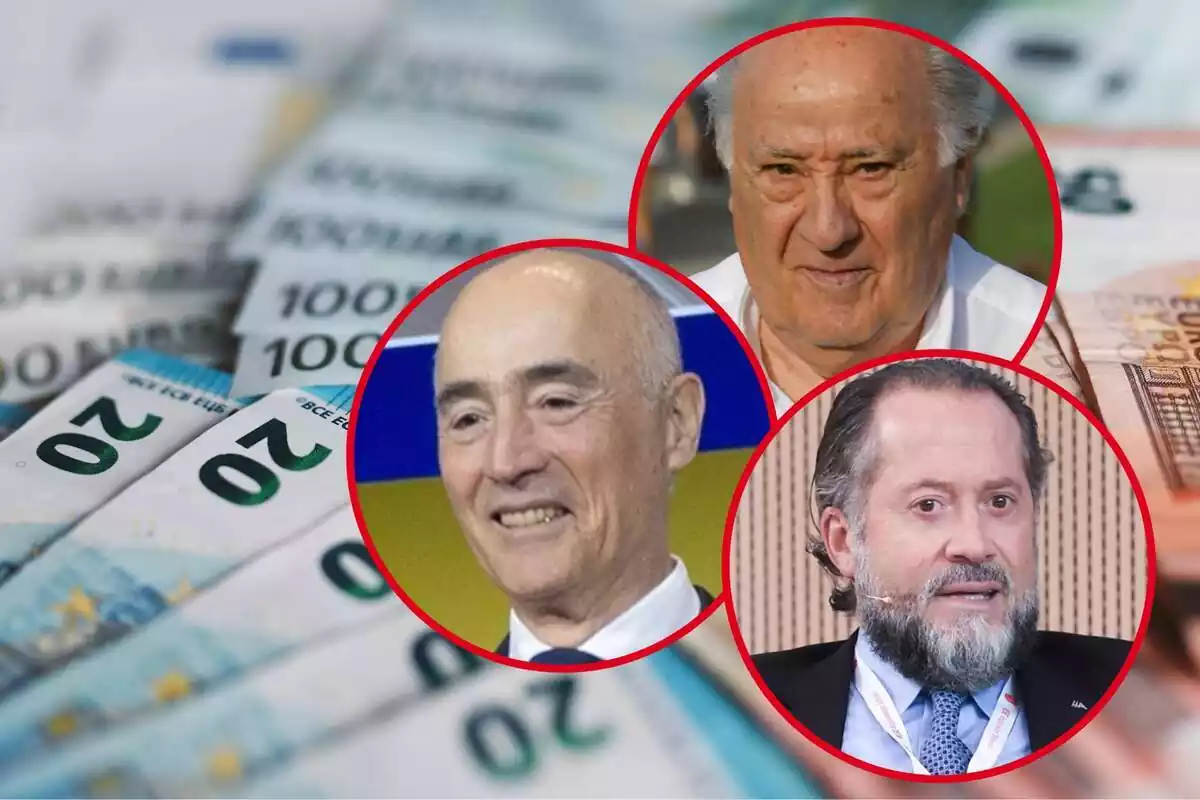 Montaje con varios billetes de euro y tres círculos con las caras de Amancio Ortega, Rafael del Pino y Juan Carlos Escotet