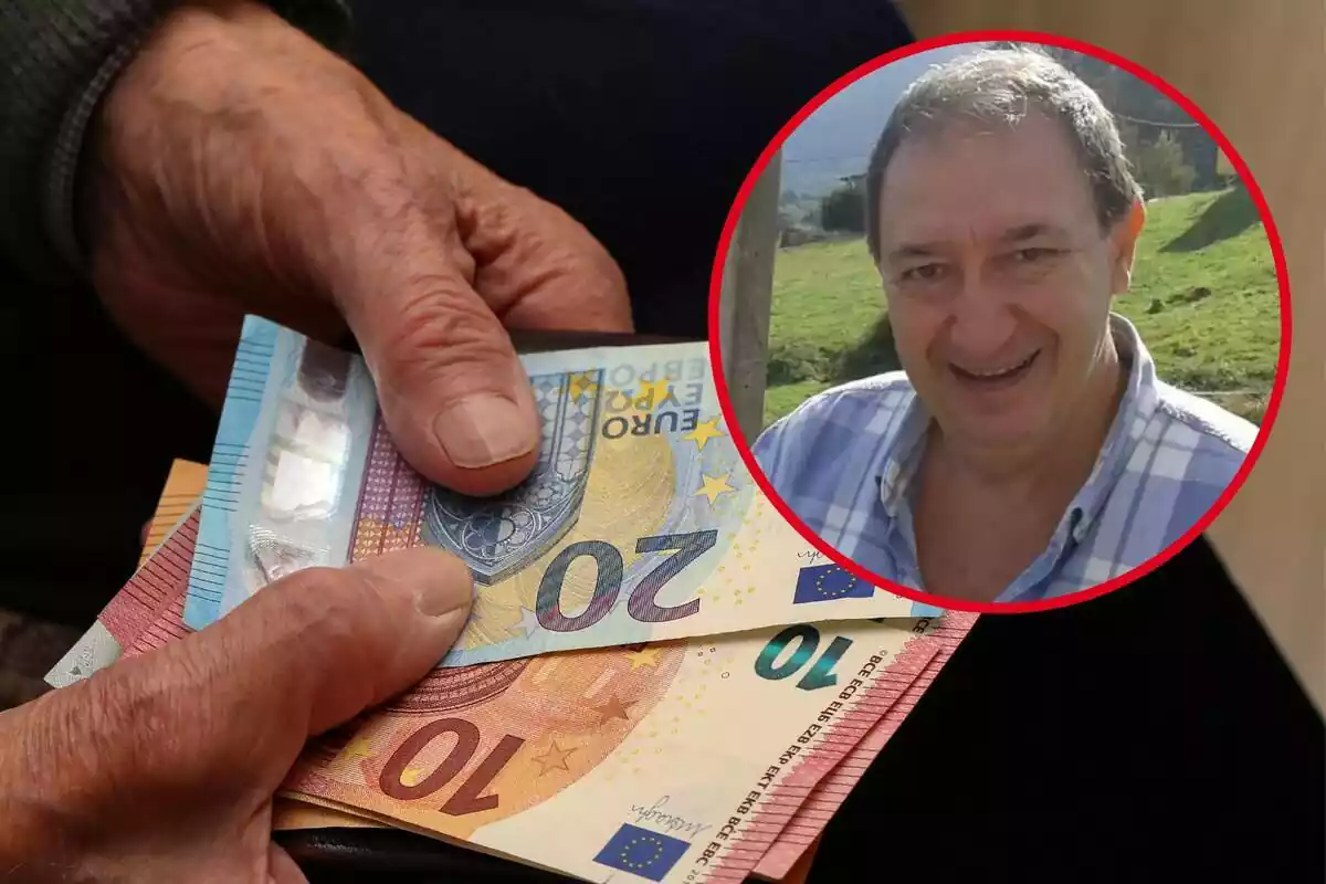 Montaje con dos manos de una persona mayor sujetando varios billetes de euro y un círculo con la cara del pensionista Amadeo Escolán