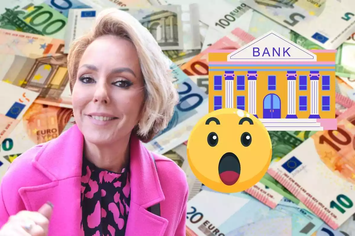 Montaje con billetes de euro al fondo, Rocío Carrasco sonriendo con una chaqueta rosa, un edificio de un banco y un emoji de sorpresa