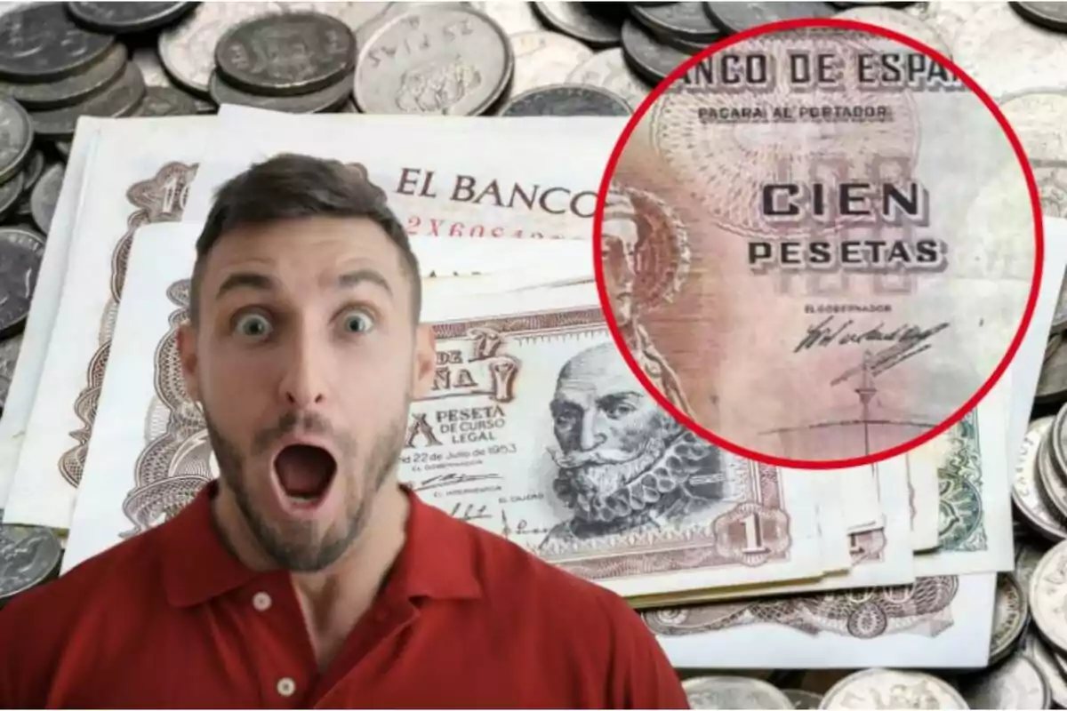 Montaje de varios billetes y monedas de pesetas y un hombre sorprendido