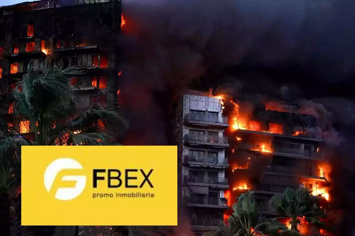 Montaje de los bloques de pisos incendiados en Valencia y el logo de FBEX