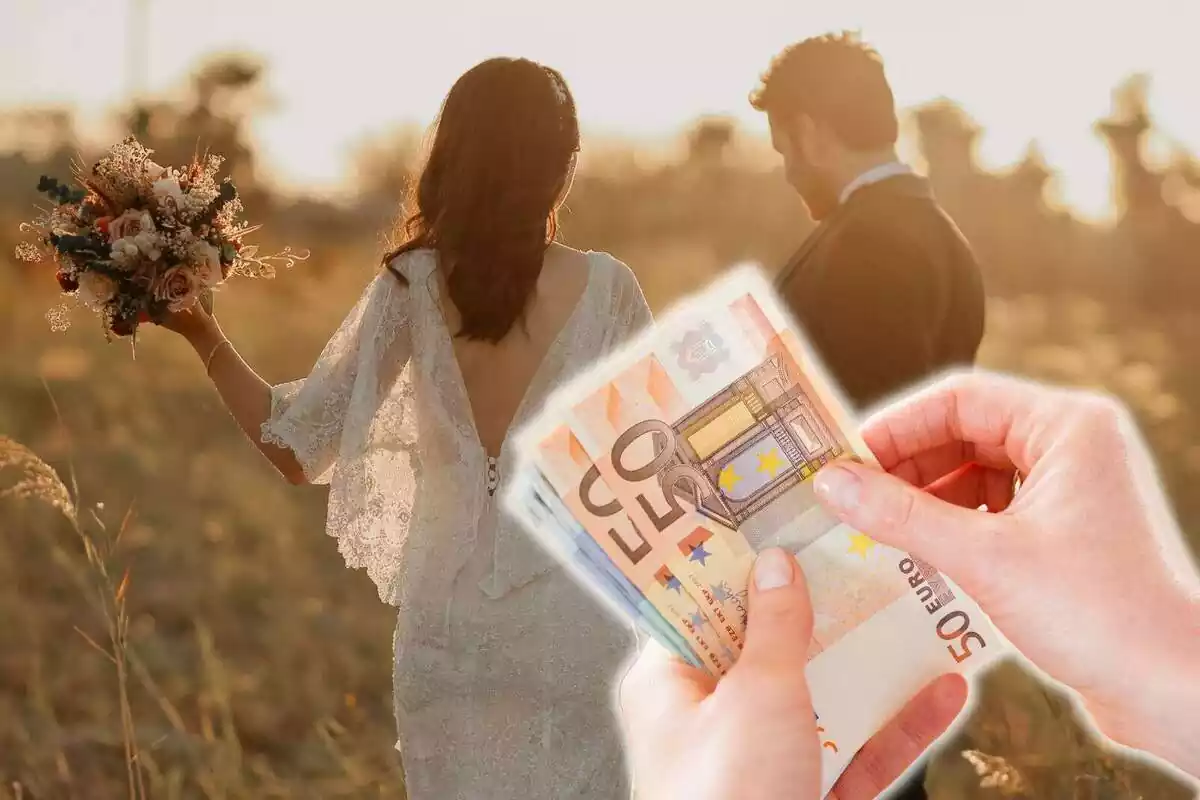 Montaje con una imagen de dos novios con traje y vestido de boda y unas manos sujetando billetes de euro