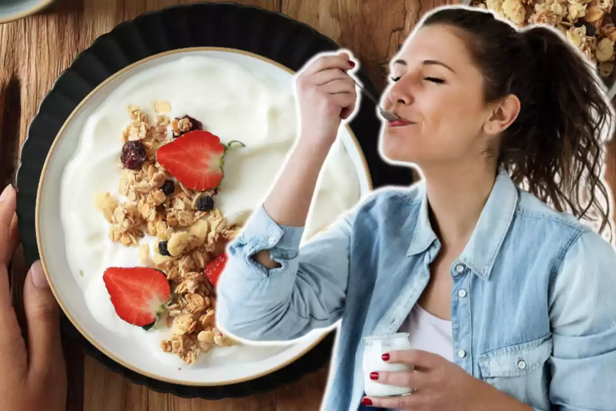 Montaje con un bol de yogur con frutos secos y fresas en una mesa y una mujer comiendo un yogur con una cuchara
