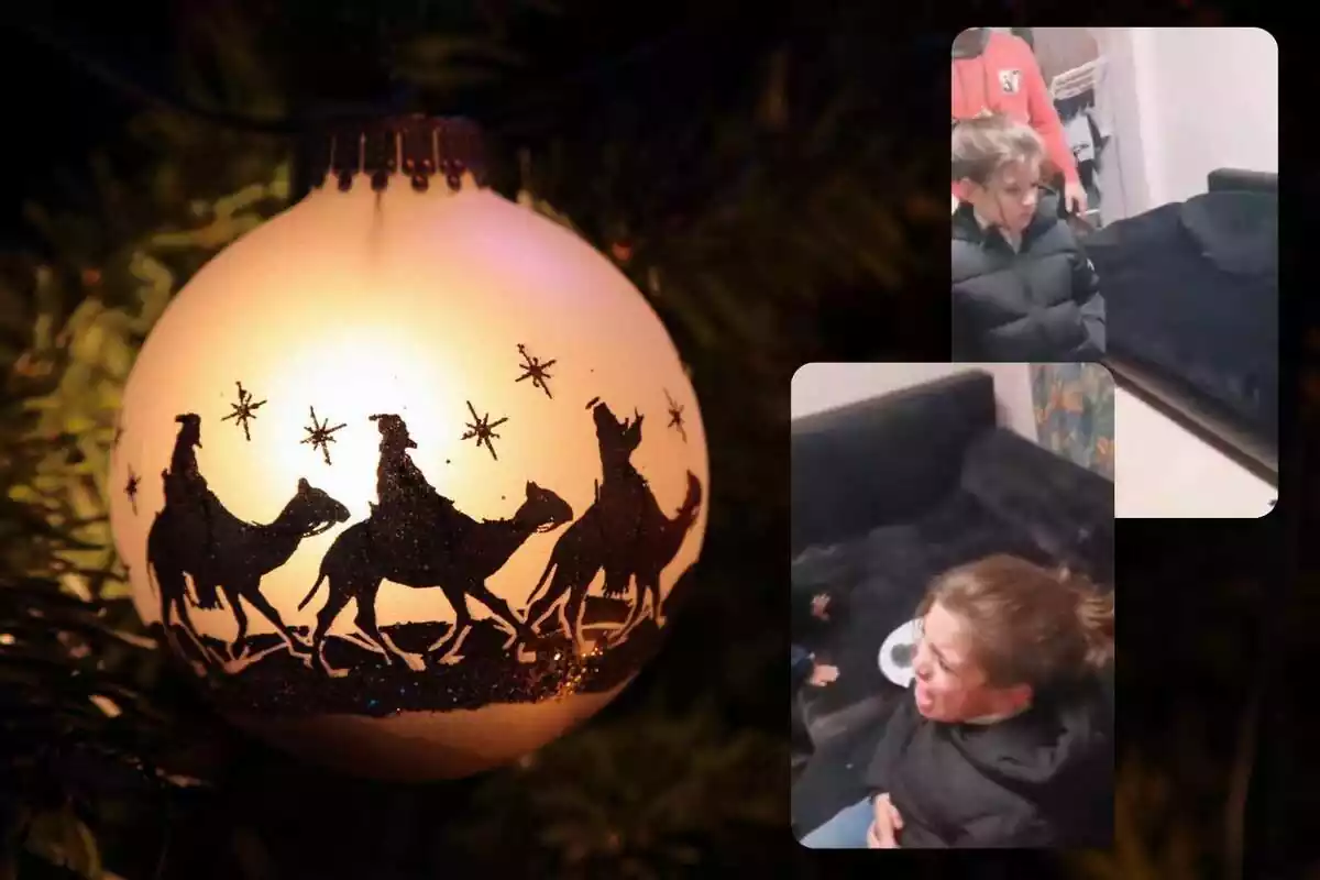 Montaje con una bola de Navidad con las sombras de los Reyes Magos y capturas de un vídeo de unos niños llorando