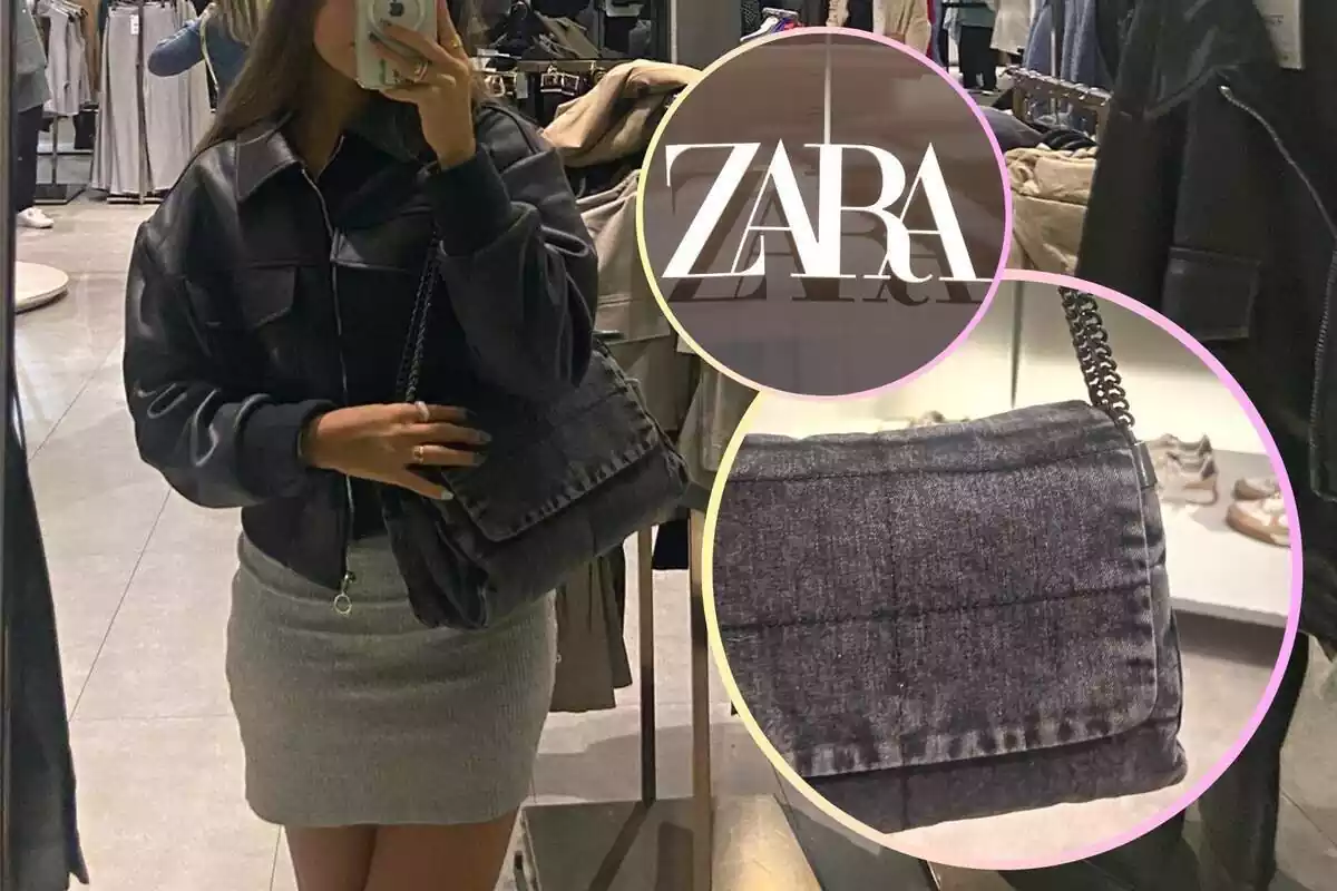 Montaje con una foto en el espejo de una tienda de Zara con su bolso con solapa rock denim, un círculo con el mismo artículo de cerca y otro círculo con el logo de la marca Zara