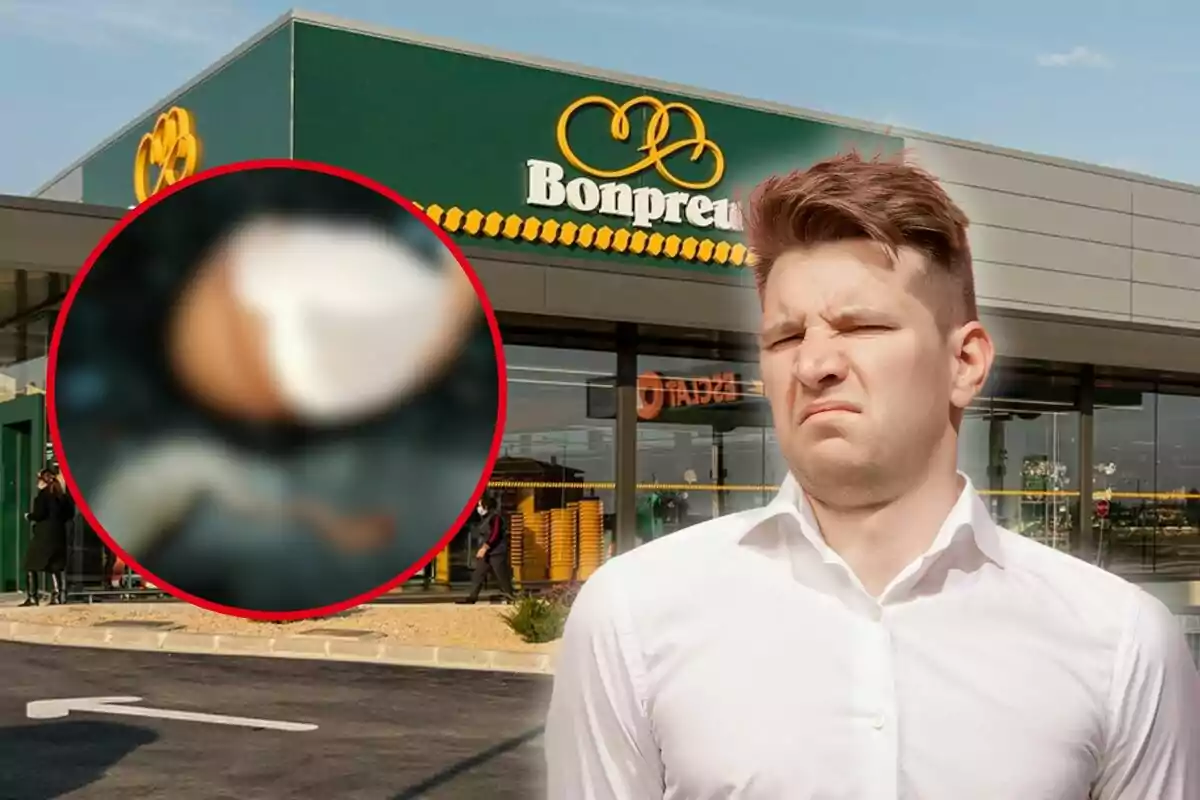 Un hombre con expresión de desagrado frente a un supermercado Bonpreu con un círculo rojo que muestra una imagen borrosa.