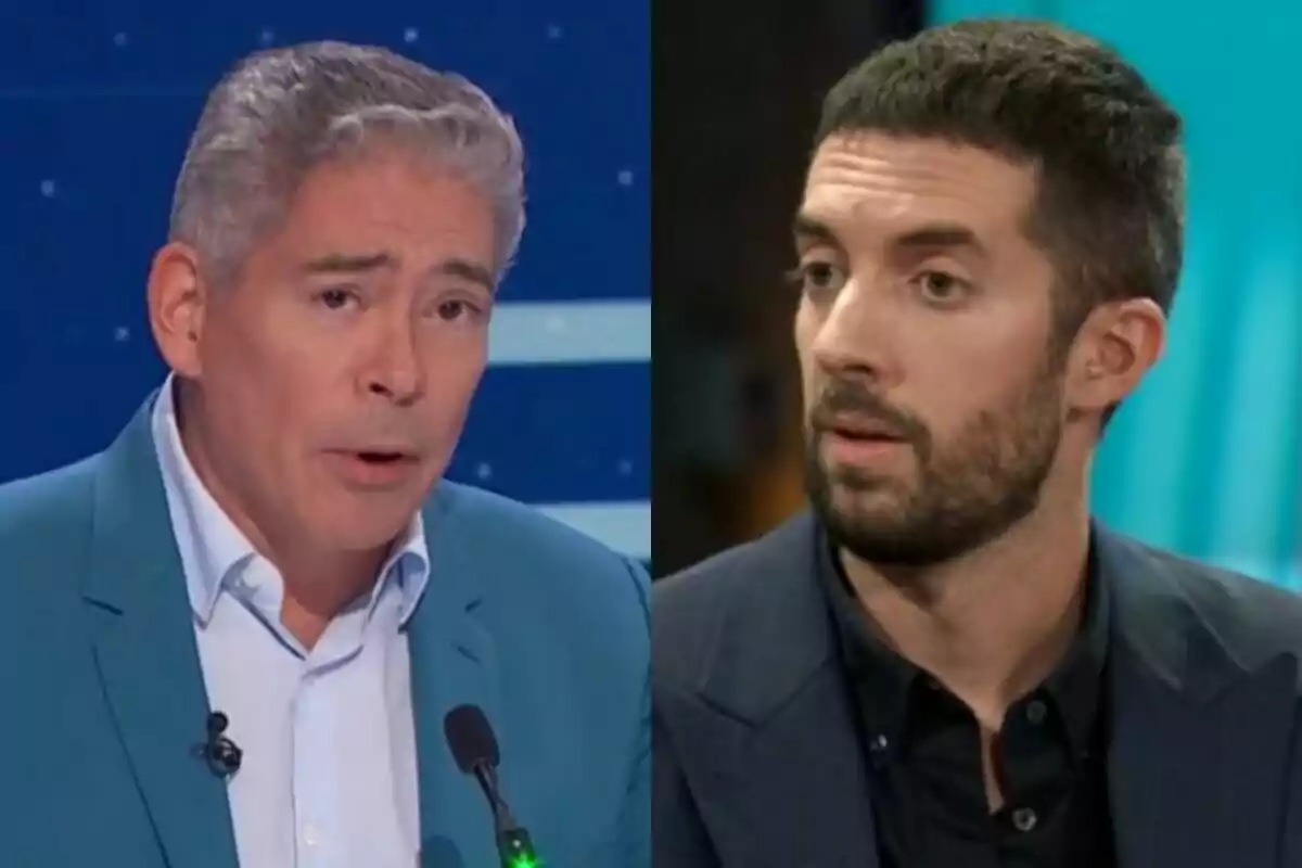 Boris Izaguirre hablando en 59 segundos a la izquierda con David Broncano con expresión seria en La Revuelta a la derecha.