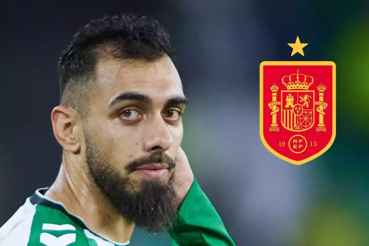 Montaje de Borja Iglesias serio y el escudo de la Selección Española