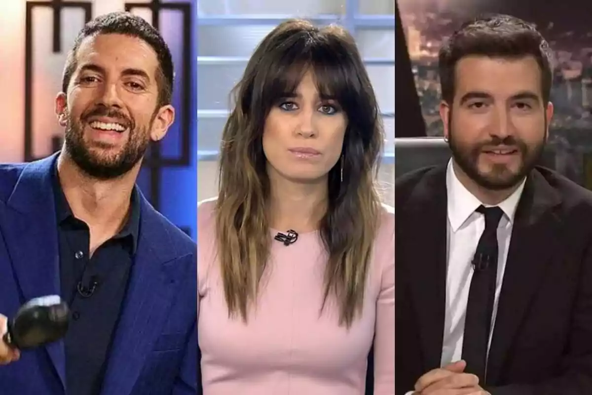 Montaje de David Broncano en La Revuelta a la izquierda, Isabel Jiménez en Informativos Telecinco en el centro y Ricard Ustrell en Col·lapse a la derecha.