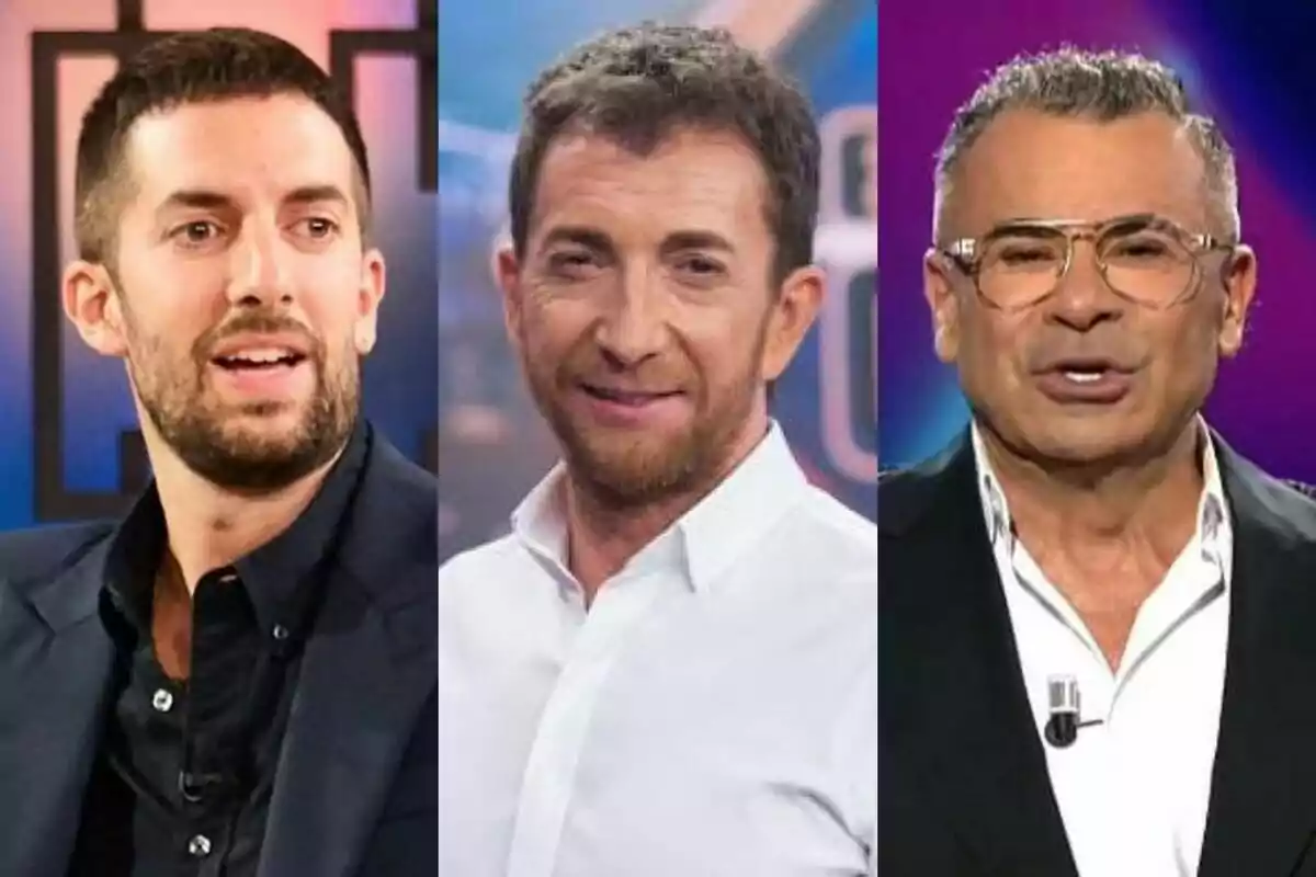 Montaje de David Broncano en La Revuelta a la izquierda, Pablo Motos en El Hormiguero en el centro y Jorge Javier Vázquez en Gran Hermano a la derecha