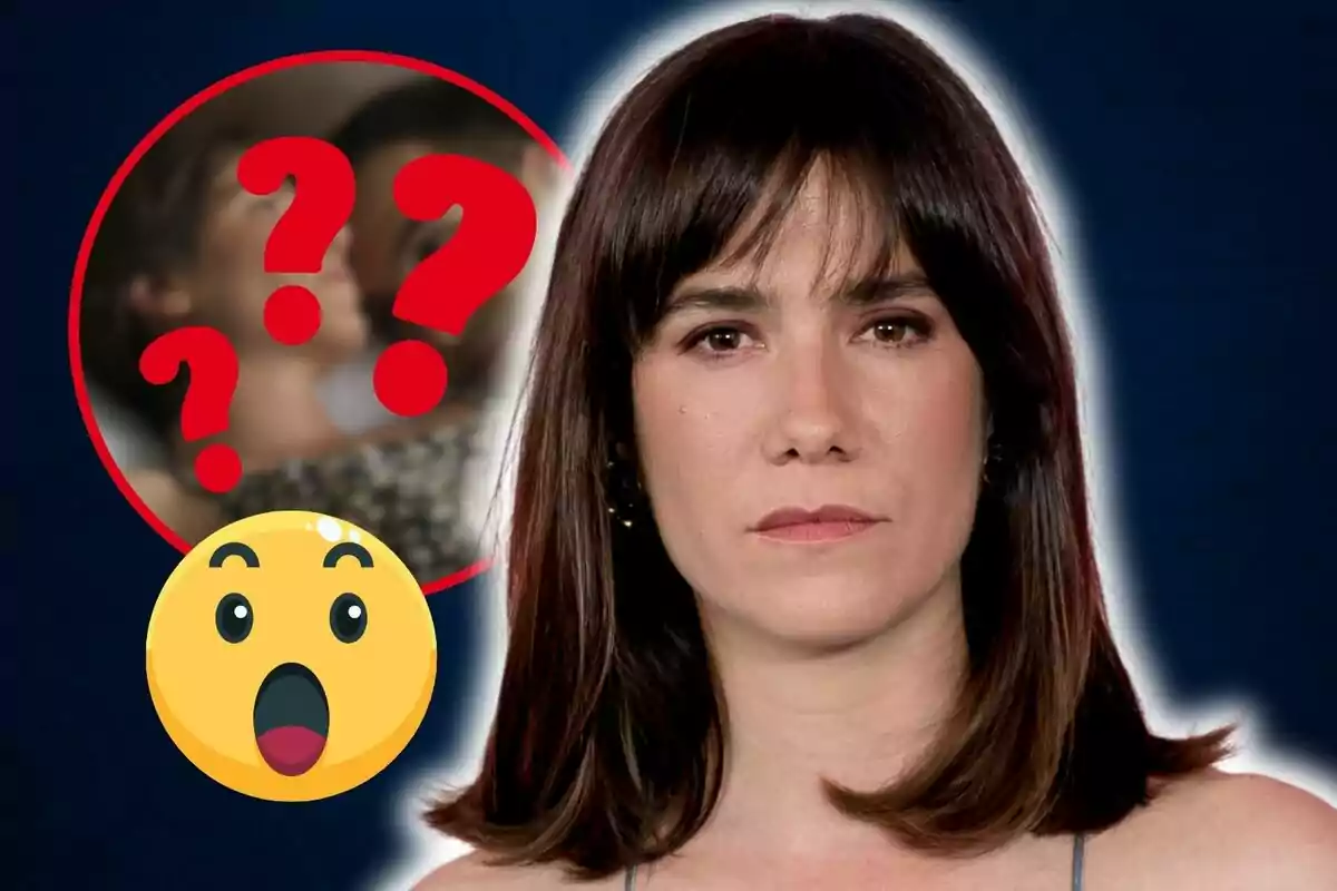 Una mujer con expresión seria aparece en primer plano, mientras que en el fondo hay un círculo rojo con signos de interrogación y un emoji sorprendido.