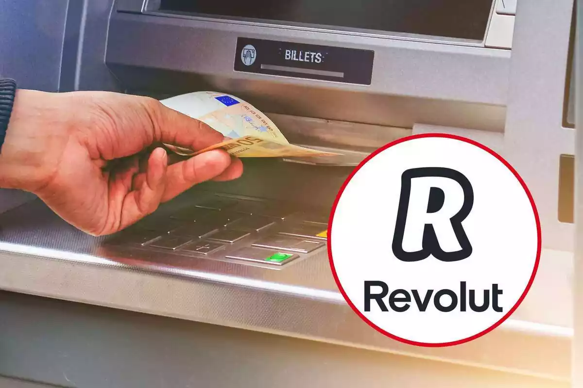 Montaje de un cajero automático cogiendo un billete de 50 euros y una redonda con el logo de Revolut