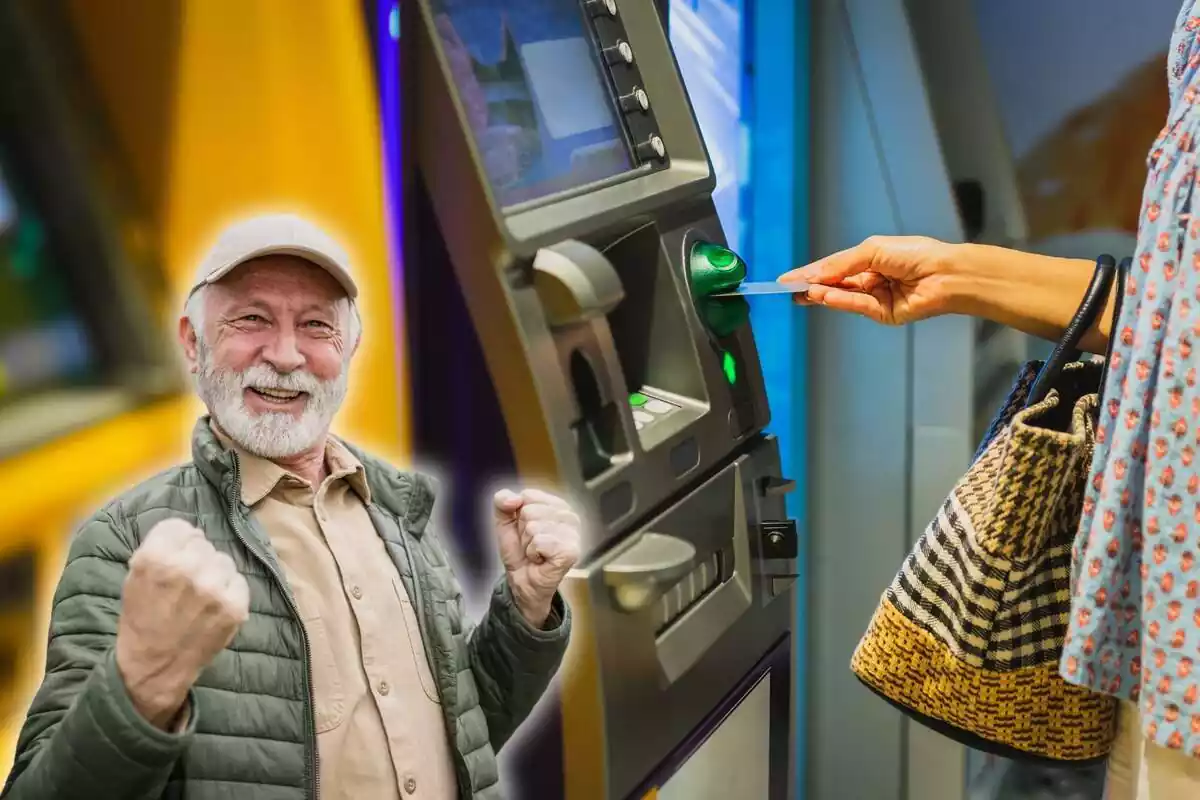 Una mujer introduce la tarjeta en un cajero automático, y en la parte inferior derecha, un jubilado eleva los brazos en señal de alegría