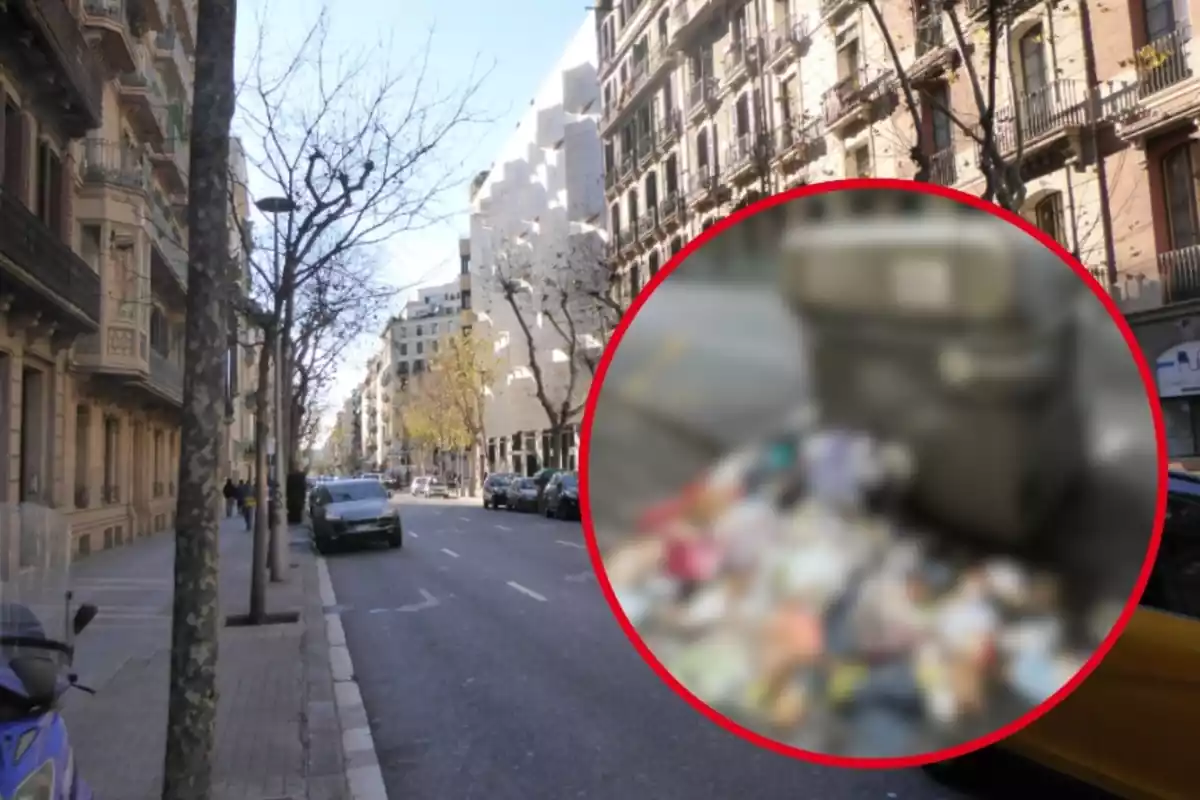 Montaje de una calle de Barcelona y un contenedor con basura en el suelo