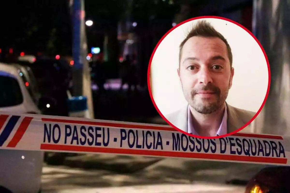 Montaje con una calle con cinta de los Mossos d'Esquadra y Joan Pere Madruell