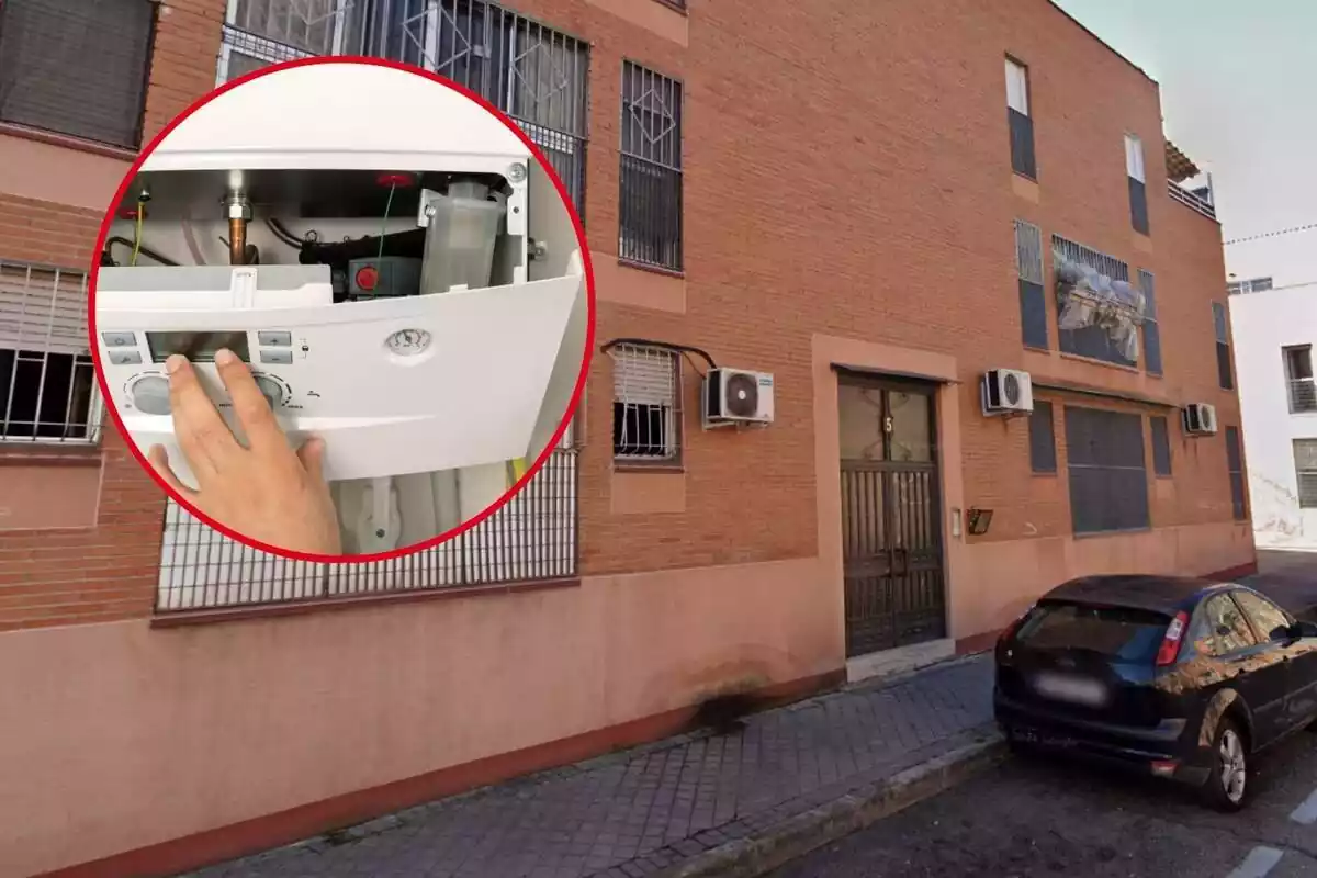 Montaje de una vivienda en la calle Guadix, Madrid, y una caldera abierta