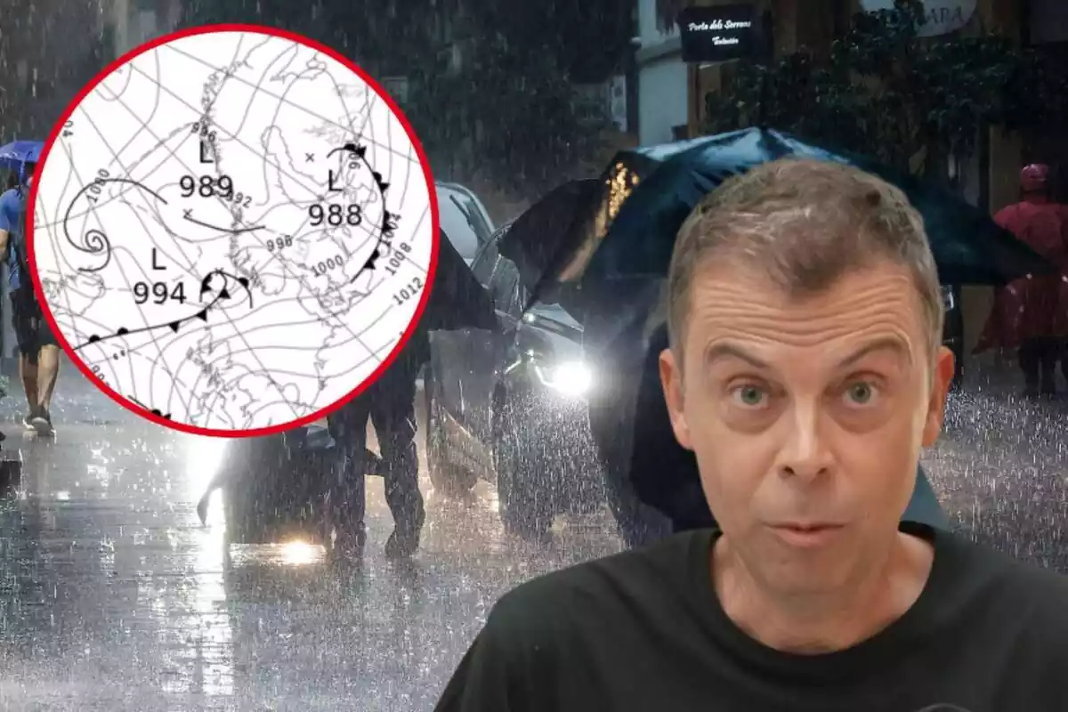 Montaje con gente en una calle con paraguas porque llueve, Francesc Mauri hablando y un mapa
