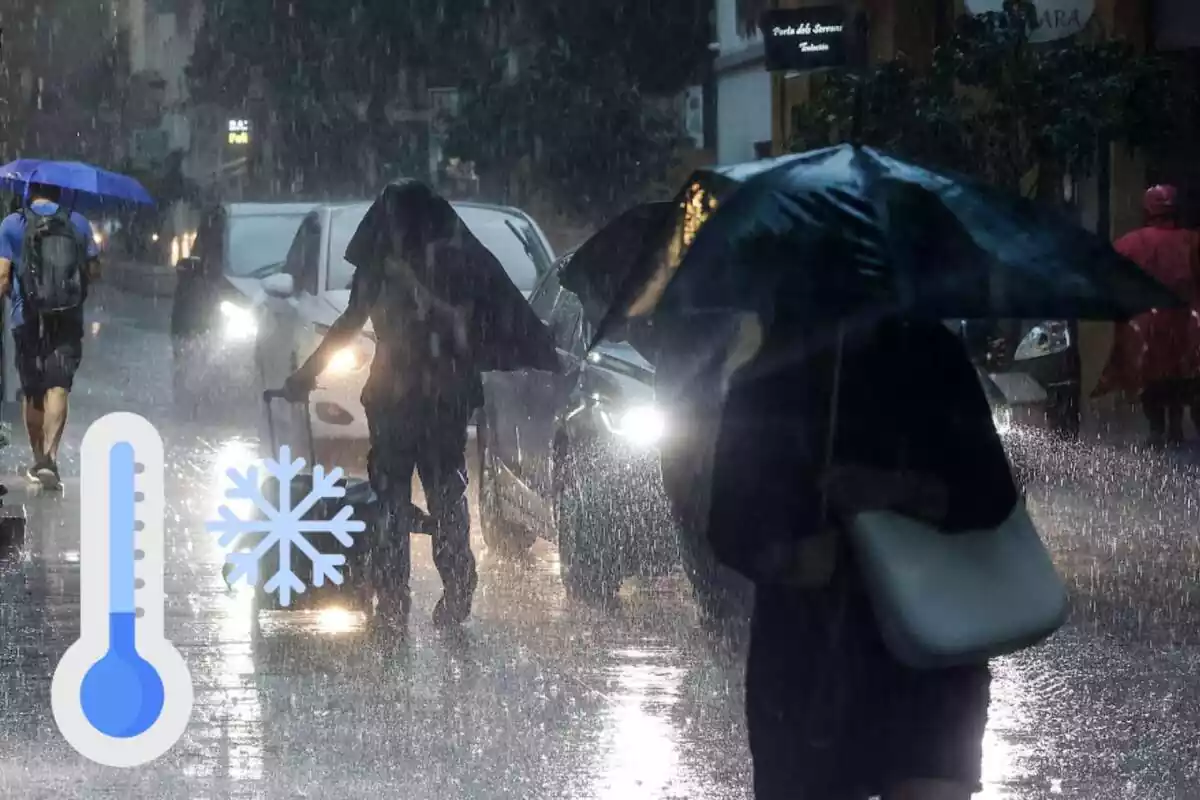 Montaje de una calle lloviendo con la gente con paraguas y un termómetro bajo con frío