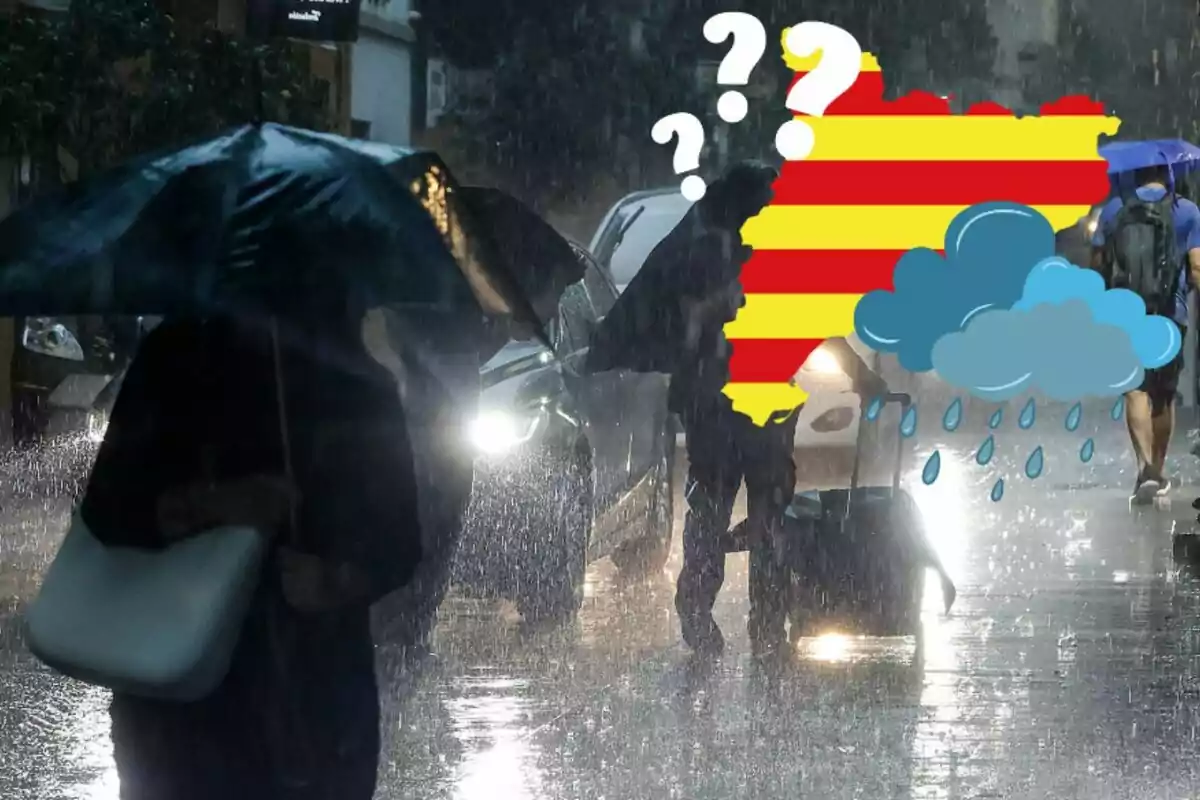 Personas caminando bajo la lluvia con paraguas y una ilustración de un mapa con signos de interrogación y nubes de lluvia.