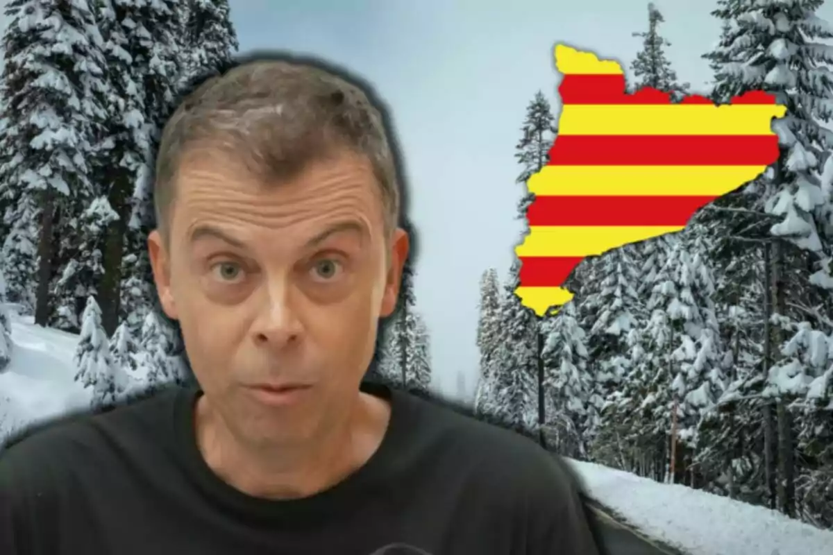 Francesc Mauri con expresión sorprendida frente a un paisaje nevado con un mapa de Cataluña en el fondo.