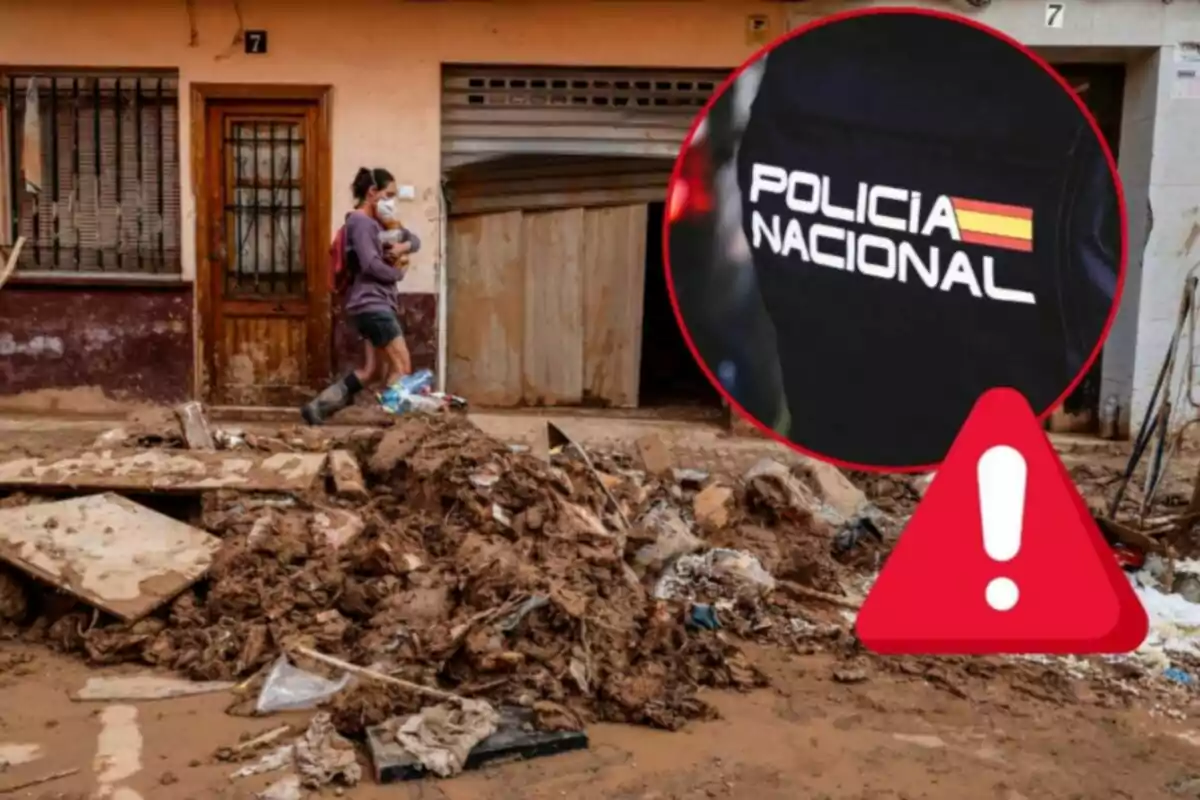 Una persona camina por una calle llena de escombros y barro, mientras en un recuadro se muestra el uniforme de la Policía Nacional con un símbolo de advertencia.