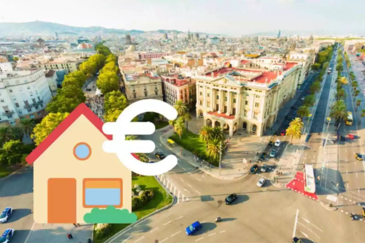 Montaje con una calle de Barcelona, una casa y la señal de euro